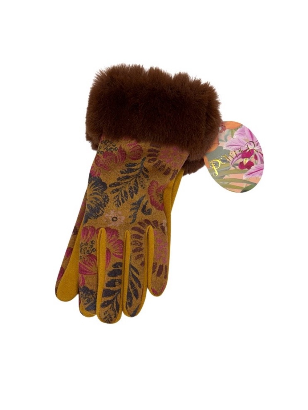 Powder Mustard Yellow Pink Floral Gloves With Fluffy Faux Fur Trim Nwt Size OS
